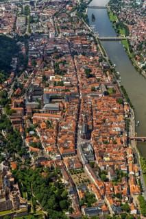 Overview of Heidelberg and the Neckar river with Old Bridge and Heiliggeistkirche, Heidelberg,