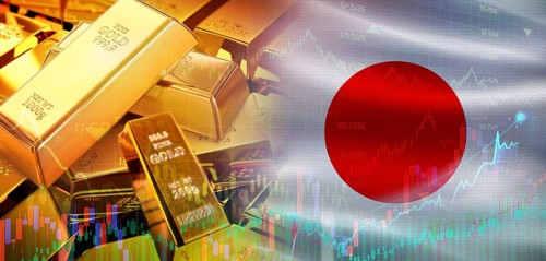 Gold bars stacked on Japanese flag. Japan gold reserves, Concept