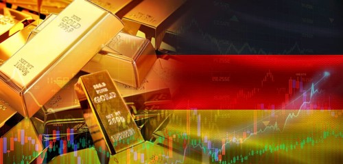 Gold bars stacked on German flag. Germany gold reserves, Concept