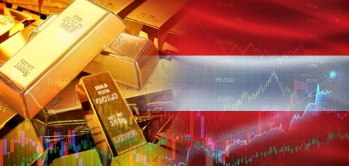Gold bars stacked on Austrian flag. Austria gold reserves, Concept