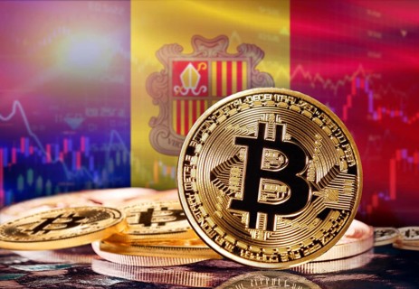 Bitcoin with Andorra flag in the background. Investors in cryptocurrency and Blockchain Technology