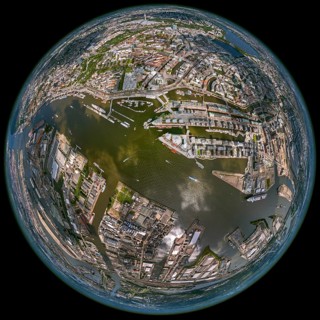 Hamburg harbour, fisheye lens, fisheye, round image, Hamburg, Germany, Europe, aerial view,
