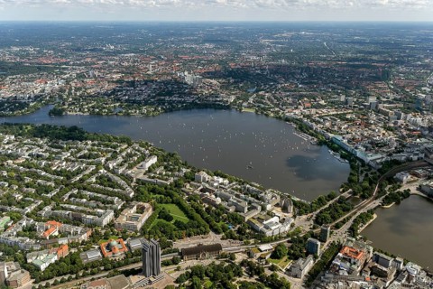 Inner Alster Lake, Außenalster, Kennedybrücke, Hamburg, Germany, Europe, aerial view, birds-eyes