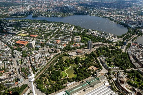 Congress Centrum Hamburg, Planten un Blomen from CCH, The Radison-SAS Hotel - Hamburg's highest