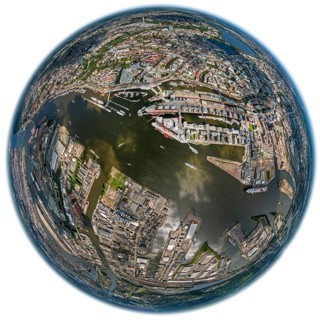 Hamburg harbour, fisheye lens, fisheye, round image, Hamburg, Germany, Europe, aerial view,