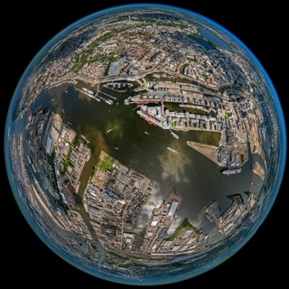 Hamburg harbour, fisheye lens, fisheye, round image, Hamburg, Germany, Europe, aerial view,