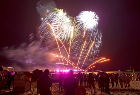 Baltic Sea in flames at Grömitz pier, fireworks, highlight of the season, end of the season, beach,