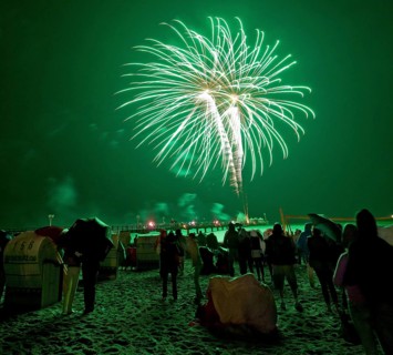 Baltic Sea in flames at Grömitz pier, fireworks, highlight of the season, end of the season, beach,