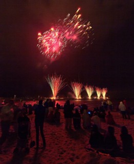 Baltic Sea in flames at Grömitz pier, fireworks, highlight of the season, end of the season, beach,