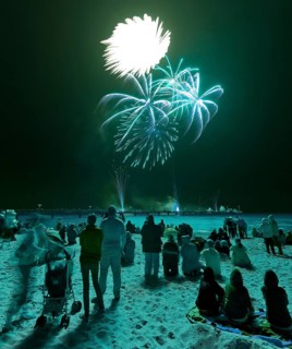 Baltic Sea in flames at Grömitz pier, fireworks, highlight of the season, end of the season, beach,