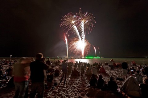 Baltic Sea in flames at Grömitz pier, fireworks, highlight of the season, end of the season, beach,