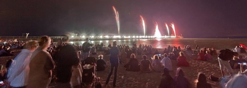 Baltic Sea in flames at Grömitz pier, fireworks, highlight of the season, end of the season, beach,