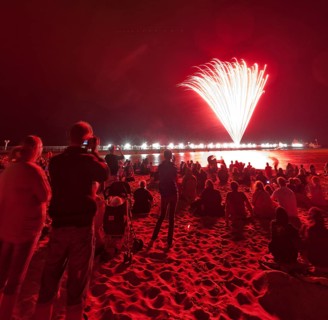 Baltic Sea in flames at Grömitz pier, fireworks, highlight of the season, end of the season, beach,
