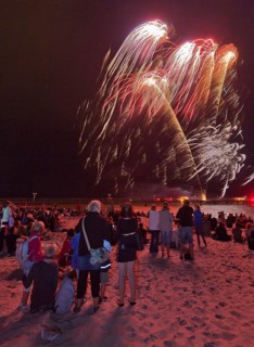 Baltic Sea in flames at Grömitz pier, fireworks, highlight of the season, end of the season, beach,