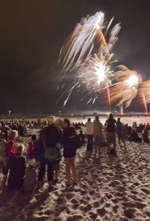 Baltic Sea in flames at Grömitz pier, fireworks, highlight of the season, end of the season, beach,