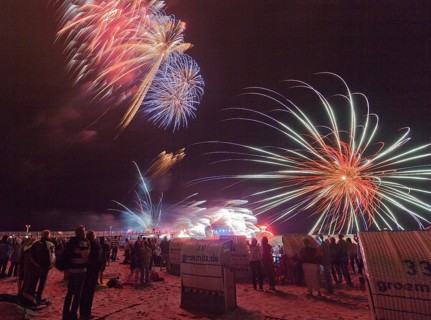 Baltic Sea in flames at Grömitz pier, fireworks, highlight of the season, end of the season, beach,