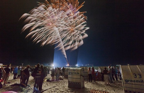 Baltic Sea in flames at Grömitz pier, fireworks, highlight of the season, end of the season, beach,