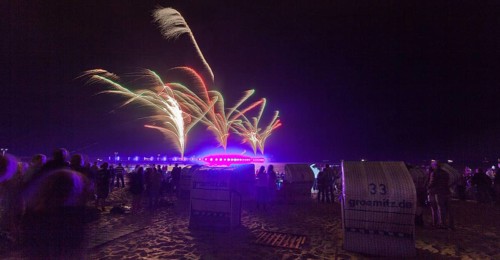 Baltic Sea in flames at Grömitz pier, fireworks, highlight of the season, end of the season, beach,