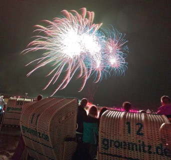 Baltic Sea in flames at Grömitz pier, fireworks, highlight of the season, end of the season, beach,