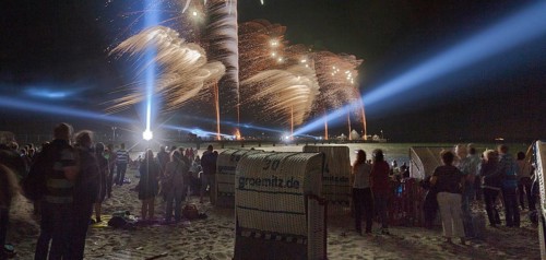 Baltic Sea in flames at Grömitz pier, fireworks, highlight of the season, end of the season, beach,