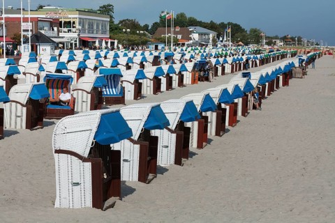 Beach with beach chairs, Grömitz, Baltic Sea, Schleswig-Holstein, Germany, Europe, aerial view,