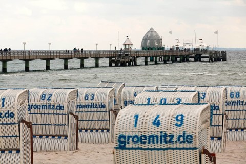Jetty with beach chairs, Grömitz, Baltic Sea, Schleswig-Holstein, Germany, Europe, aerial view,