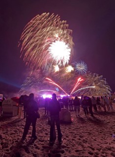 Baltic Sea in flames at Grömitz pier, fireworks, highlight of the season, end of the season, beach,