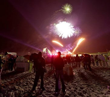 Baltic Sea in flames at Grömitz pier, fireworks, highlight of the season, end of the season, beach,