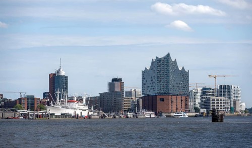 View across the Elbe to modern HafenCity buildings, Elbphilharmonie and Columbushaus, Hamburg,