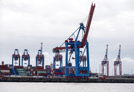 Loading cranes and stacks of containers, Port of Hamburg, container terminal, Hamburg, Germany
