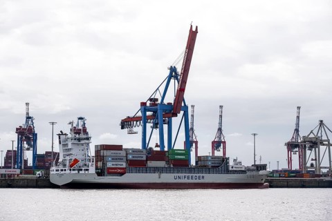 Container ship, loading cranes and stacks of containers, Port of Hamburg, container terminal,