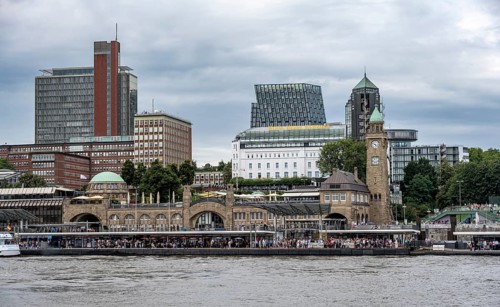 Elbe and St. Pauli Landungsbrücken, historic building with level tower, St. Pauli district with