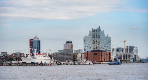 View across the Elbe to modern HafenCity buildings, Elbphilharmonie and Columbushaus, Hamburg,