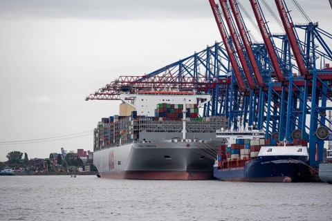 Container ships, loading cranes and stacks of containers, Port of Hamburg, container terminal,
