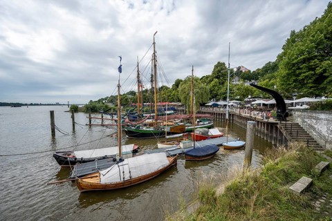 Historic sailboats in the museum harbor Övelgönne, Altona, Hamburg, Germany