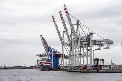 Container ship, loading cranes and stacks of containers, Port of Hamburg, container terminal,