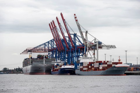Container ships, loading cranes and stacks of containers, Port of Hamburg, container terminal,