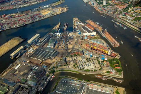 Dry docks of the Hamburg shipyard Blohm+Voss, Hamburg harbour, Elbe, Hamburg, Free and Hanseatic
