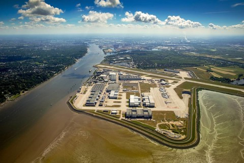 Finkenwerder Airport, runway and factory halls of Airbus Airport, Finkenwerder Airport, Hamburg,