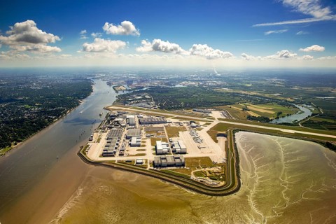 Finkenwerder Airport, runway and factory halls of Airbus Airport, Finkenwerder Airport, Hamburg,