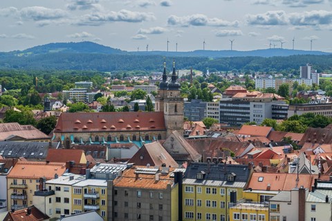 View of the city from the new town hall, Holy Trinity City Church, Bayreuth, Upper Franconia,