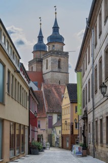 Alley in the old town, church towers, Holy Trinity, city church, Bayreuth, Upper Franconia,