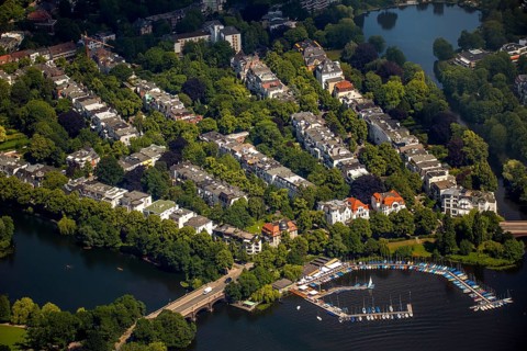 Outer Alster with villa district and marina distant view, Alster jetty Bobby Reich, Hamburg, Free