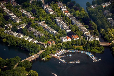 Outer Alster with villa district and marina distant view, Alster jetty Bobby Reich, Hamburg, Free