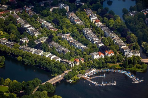 Outer Alster with villa district and marina distant view, Alster jetty Bobby Reich, Hamburg, Free