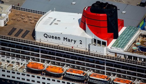 Superstructure with smokestack and lifeboats, cruise terminal, Unilever House cruise ship Queen