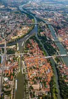 Confluence of the rivers Regen and Danube with Danube Island, Regensburg, independent city in