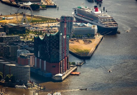 Elbphilharmonie with Hafencity, Speicherstadt, UNESCO World Heritage Site, cruise terminal,