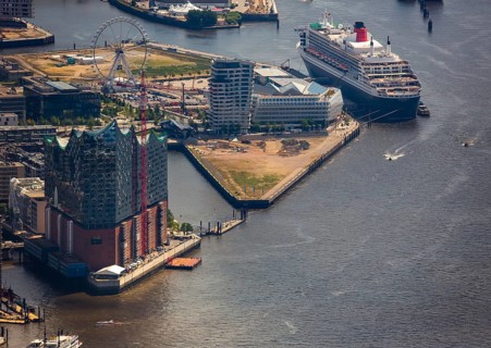 Elbphilharmonie with Hafencity, Speicherstadt, UNESCO World Heritage Site, cruise terminal,