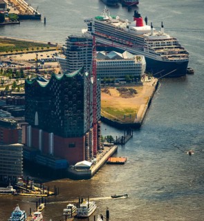Elbphilharmonie with Hafencity, Speicherstadt, UNESCO World Heritage Site, cruise terminal,